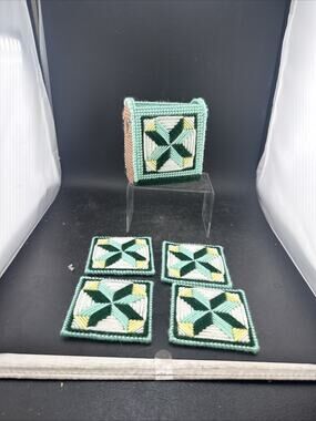Vtg Plastic Canvas Coaster Set of 4 with Holder Green Quilt Block Needlepoint
